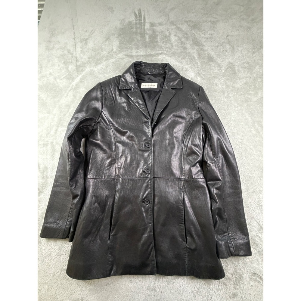 Jones New York Leather Jacket Women Medium Black Button Front Long Sleeve Coat
